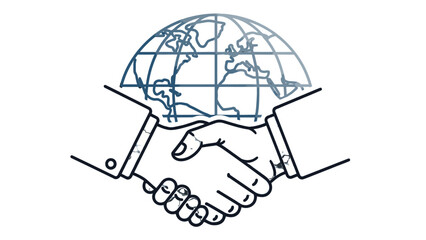 Outline drawing of two hands shaking in front of a globe, symbolizing global business partnership and agreement.