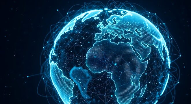 Futuristic glowing blue digital globe network connection technology