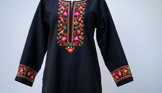 Black kurti with vibrant floral embroidery on neckline and sleeves