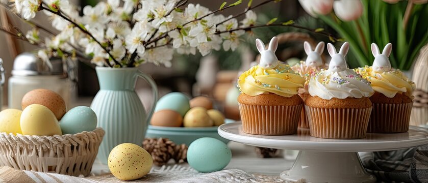Delicious easter cupcakes topped with bunny figurines, colorful sprinkles, and pastel frosting on a charming cake stand with spring flowers in a vase - Powered by Adobe