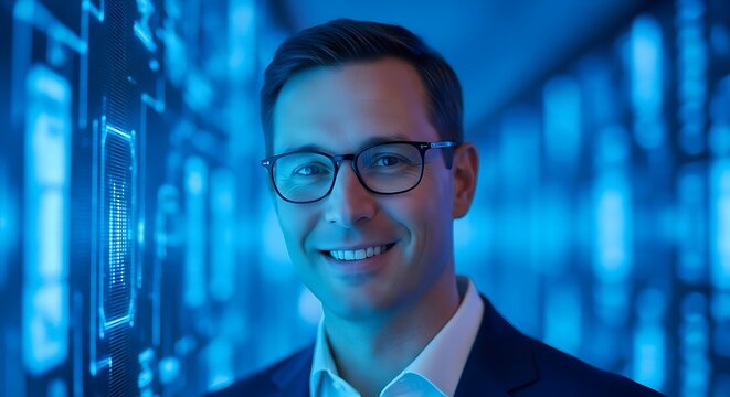 Confident man in glasses smiles in front of glowing blue digital data background