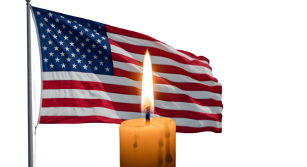 Lit Candle with American Flag Waving on Transparent Background, Symbolizing Remembrance and Patriotism