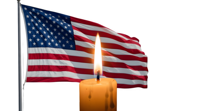 Lit Candle with American Flag Waving on Transparent Background, Symbolizing Remembrance and Patriotism - Powered by Adobe