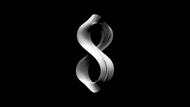 Abstract 3D M&ouml;bius strip shape with white curved lines on black background, modern minimal design, digital art illusion, infinity loop geometry, futuristic monochrome concept illustration. Number 8.