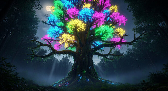 tree at night with colorful, glowing leaves - Powered by Adobe