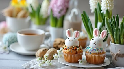 Easter cupcakes with bunny icing and colorful sprinkles on elegant stand with pastel decorations create a festive holiday atmosphere