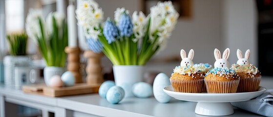 Festive easter cupcakes with bunny icing and colorful sprinkles on a white cake stand amid cheerful pastel decorations
