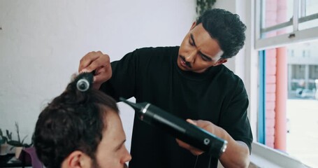 Man, barbershop and hairdryer with brush, client and services for hygiene, trim and grooming. People, appliance and equipment for hairdresser, treatment or appointment for transformation at salon