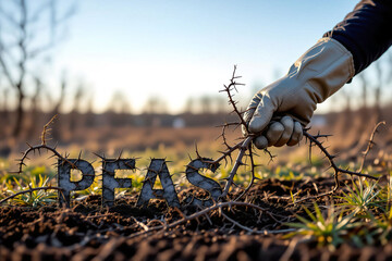 A worker wearing a glove handles a thorny branch next to the letters "PFAS" emerging from the contaminated soil, illustrating the danger of forever chemicals.
