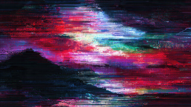 Vibrant abstract glitch art landscape with horizontal pixel streaks. Dynamic reds, blues, greens, and pinks create a digital aurora effect over dark forms.