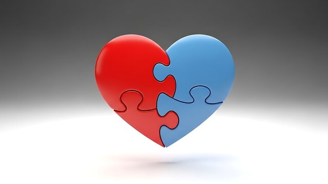 A heart shape formed by two interlocking puzzle pieces, one red and one blue, symbolizing love, connection, unity, and partnership on a gradient background