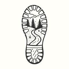 Footprint outlines a forest road with pine trees under a cloudy sky vista