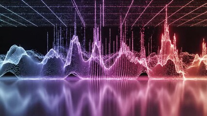 Abstract digital sound wave visualization with colorful particle peaks and reflective surface - Powered by Adobe