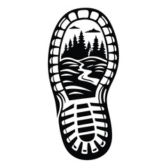 A black footprint encompasses mountains, trees, and a flowing river landscape inside the silhouette