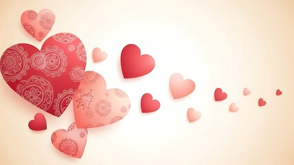 Beautiful romantic background with an elegant array of red and pink hearts, some adorned with intricate patterns, symbolizing love, affection, and celebration