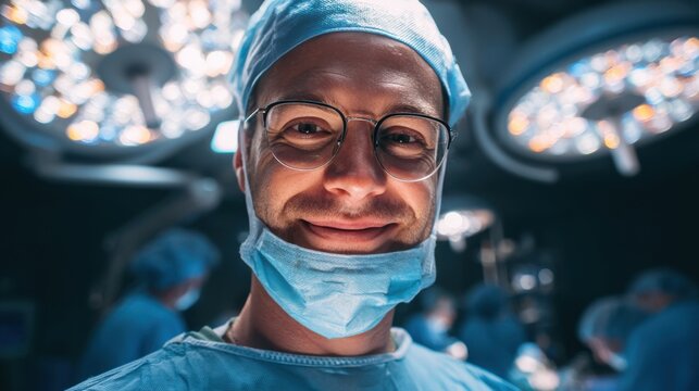 A cheerful surgeon wearing surgical mask and cap smiles confidently in a modern operating room, with surgical lights and a medical team working in the background