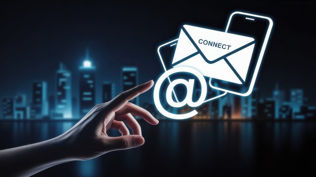 Digital Communication Hub: A hand, poised in front of glowing digital email and smartphone icons against a city skyline, symbolizing connection, communication.