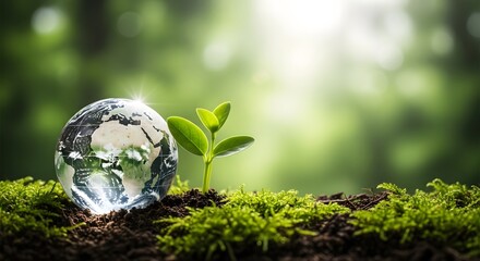Fragile earth globe with sprout on mossy log in lush forest