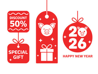 Happy New Year 2026 with a pig illustration and special gift tags.