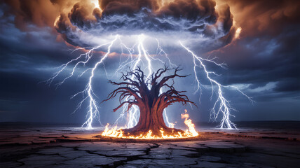 Lightning strikes a tree engulfed in flames on cracked, barren earth.