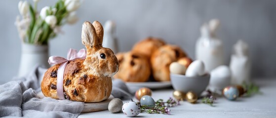 Celebrate spring with easter bunny shaped bread and decorated eggs on a wooden board against a soft grey background