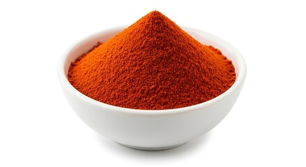 A vibrant mound of finely ground red spice, such as paprika or chili powder, is presented in a white bowl, isolated on white background