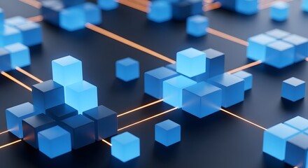 Abstract blue cubes connected by lines technology and data visualization concept