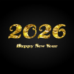 Happy New Year 2026 greeting card with gold glitter text on a luxury dark black background.