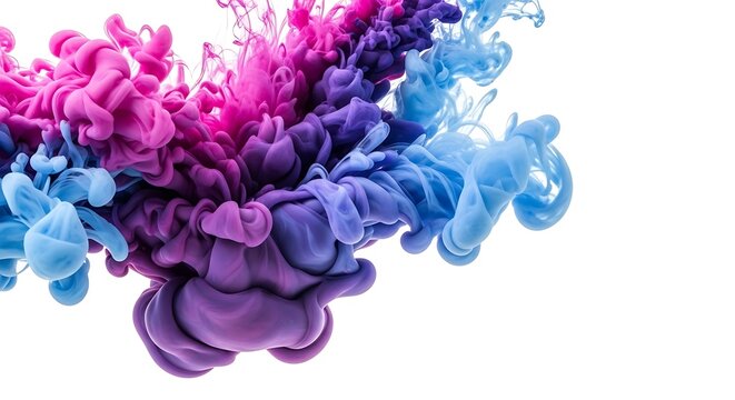 Abstract explosion of vibrant pink, purple, and blue ink mixing in water, creating a fluid and artistic design, isolated on white background