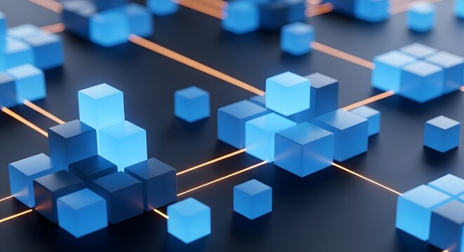 Abstract blue cubes connected by lines technology and data visualization concept