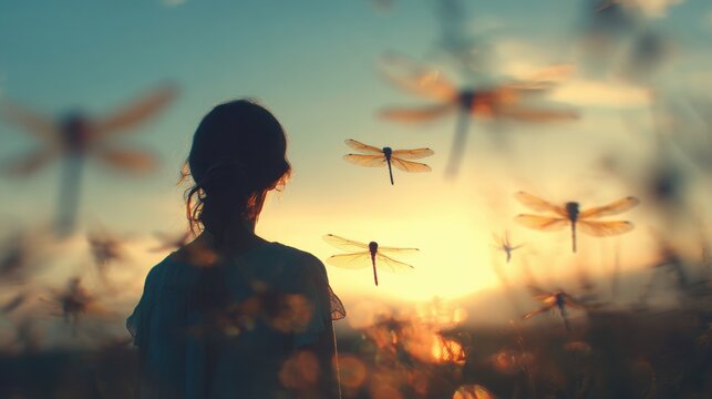 A child stands quietly in a field, observing a vibrant sunset as dragonflies dance around in the warm evening light, creating a magical atmosphere. - Powered by Adobe