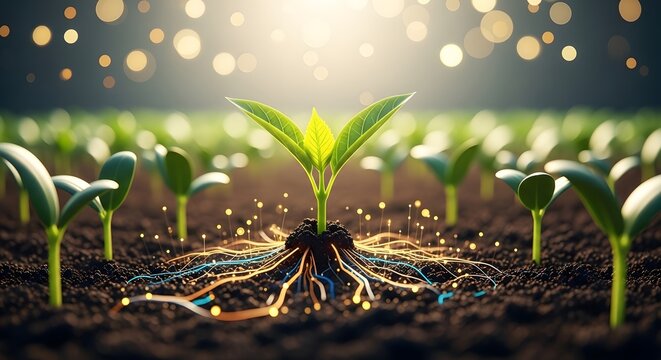 Emerging seedling with glowing roots symbolizing growth and connection - Powered by Adobe