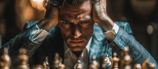 High-Pressure Leadership, Man Struggling to Make Critical Strategic Decision During Intense Chess Match