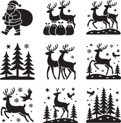 Festive Christmas Holiday Icons Silhouettes Vector Set with Santa and Reindeer