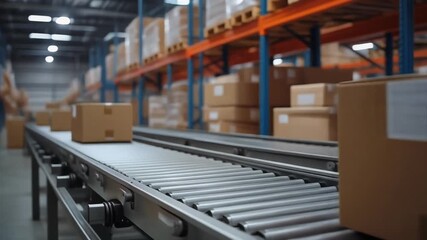 A modern fulfillment center showcasing an automated conveyor belt system transporting cardboard packages for shipping and distribution - Powered by Adobe