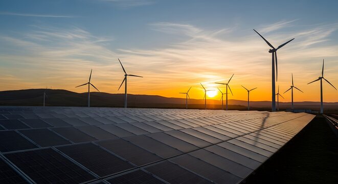 Sustainable energy landscape solar panels and wind turbines at sunset