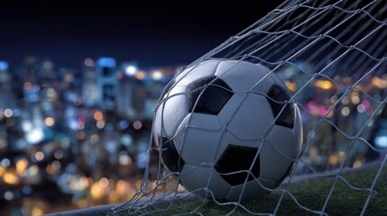 A soccer ball rests in the net as vibrant city lights glimmer in the background. The nighttime atmosphere captures the thrill of an evening match under the stars.