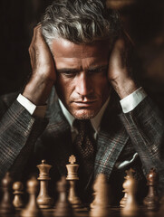 Stressed Businessman Concentrating Over a Chessboard, Deep Thought, Pressure, and Strategic Decision-Making Concept in a Dramatic Vintage-Style Portrait