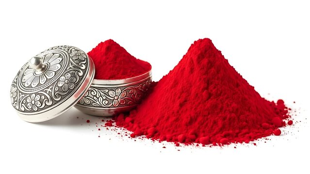 Vibrant red kumkum powder, often used in hindu religious rituals and festivals, next to an ornate silver bowl, isolated on white background