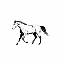 Graceful Horse Striding Forward in Black and White Illustration.