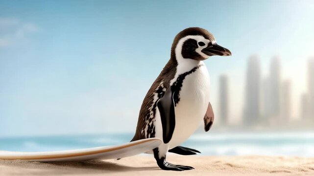 Penguin surfing on a surfboard at sunset in a coastal city with ocean waves in the background