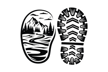 Black path with trees and mountains inside shoe print with track sole