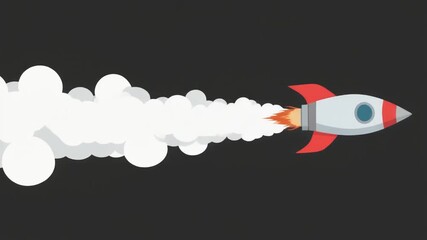 A cartoon rocket ship soaring through the void with a long trail of white smoke, symbolizing a successful startup launch and business growth