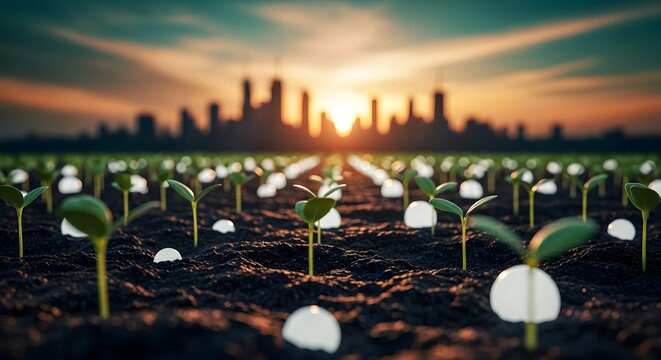 Emerging seedlings in a field with cityscape silhouette at sunrise - Powered by Adobe