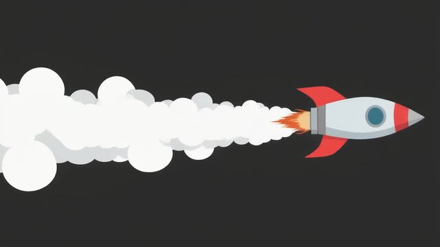 A cartoon rocket ship soaring through the void with a long trail of white smoke, symbolizing a successful startup launch and business growth
