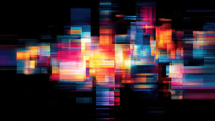 Vibrant abstract digital art showcasing overlapping, colorful rectangular and linear light elements against a dark background, evoking data flow and technology.