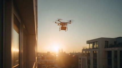 A drone hovers near the edge of a modern building, capturing the breathtaking sunset over the city skyline. The glowing sky reflects vibrant colors, creating an enchanting atmosphere.