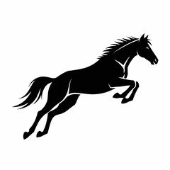 Elegant black horse leaping gracefully across a field silhouette.