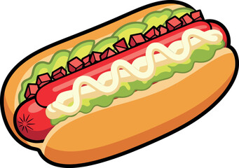 Delicious Hot Dog with Toppings Illustration.