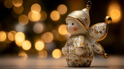 Obraz premium A delicate Christmas angel ornament with intricate golden patterns stands against a soft glowing bokeh background, exuding festive elegance.